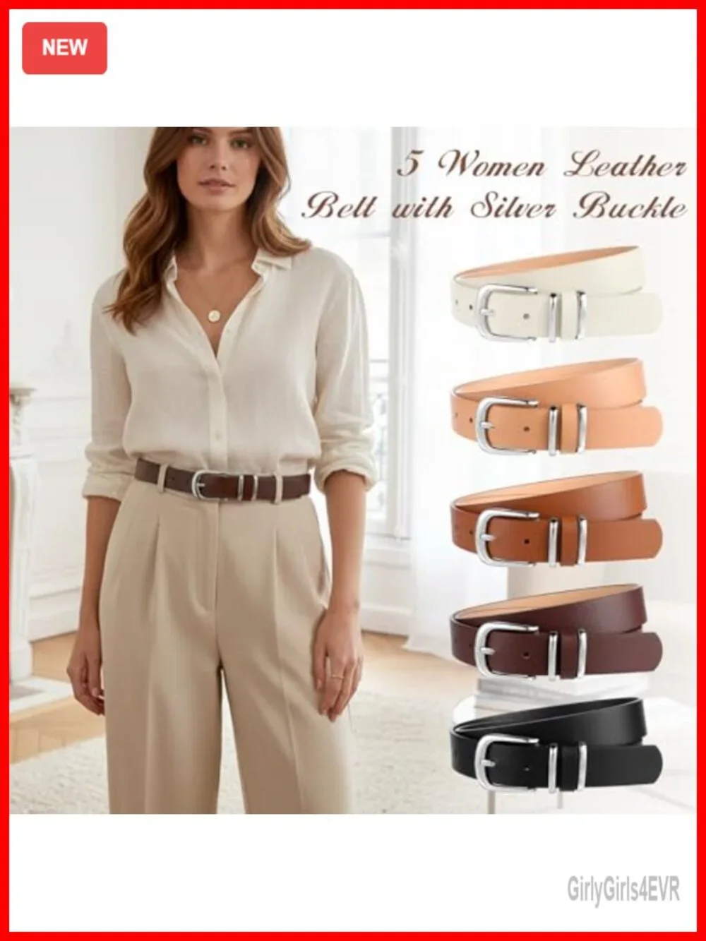 5 Pack Women's Leather Belts Silver Buckle Adjustable 25-35 Waist